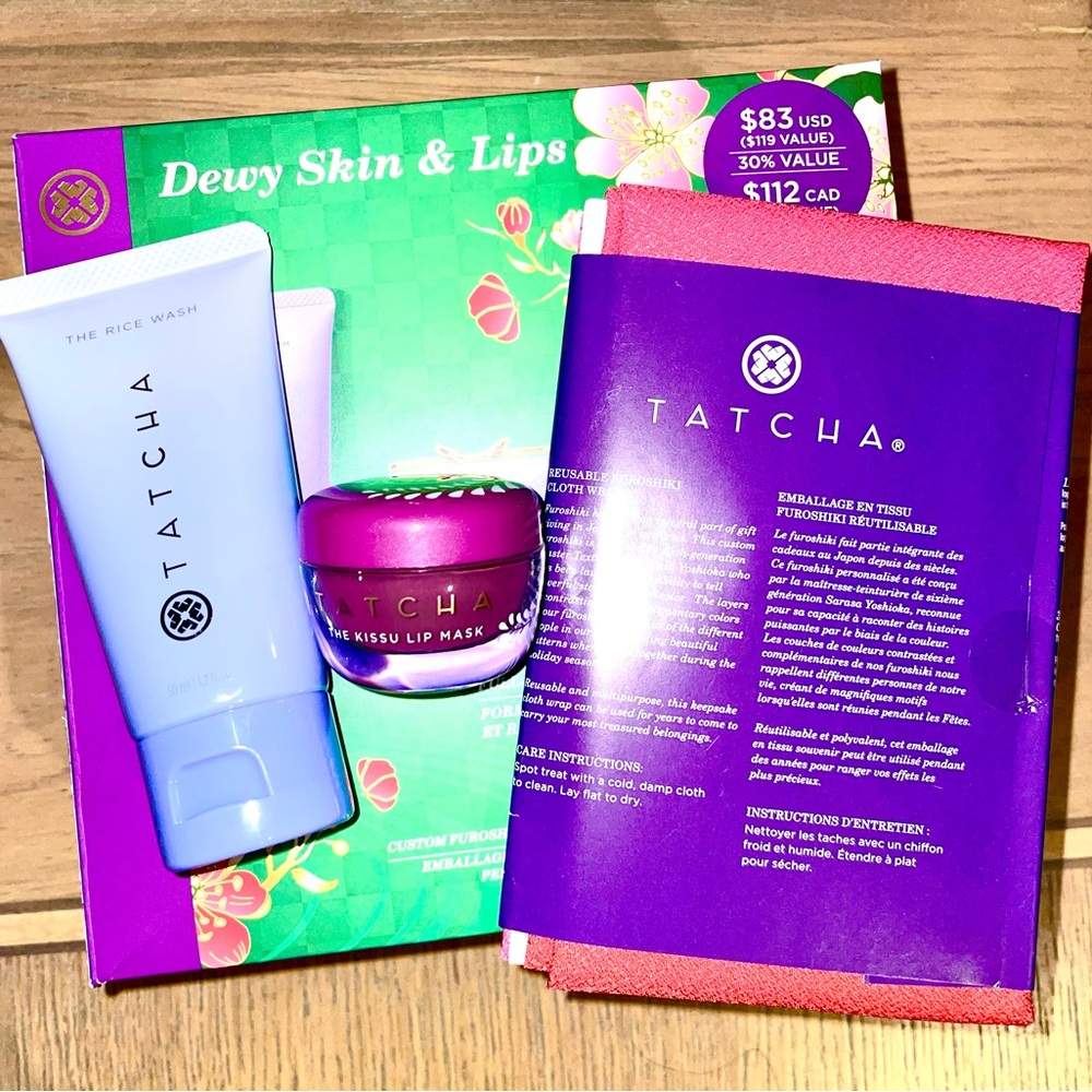 Tatcha Skin Care 3 piece Set Rice Wash/Kissu Lip Mask/Furoshiki Wrap “NO CREAM”